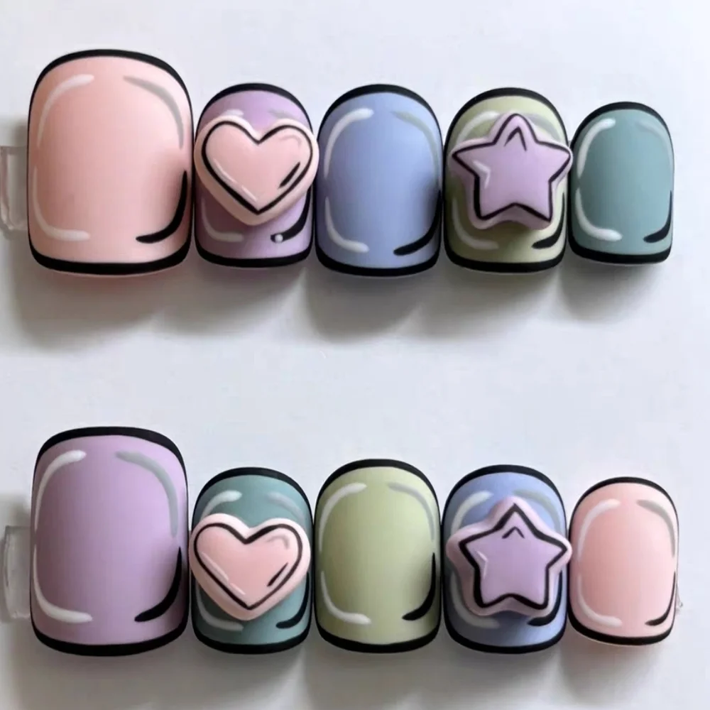 3D Pop Art Cartoon Press On Nails Kawaii Pastel Heart & Star Size Small